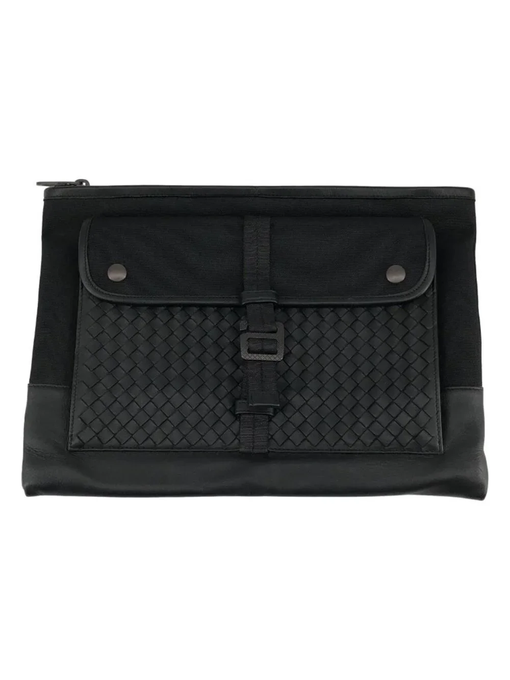 Bottega Veneta Intrecciato Leather Canvas Paneled Clutch Black